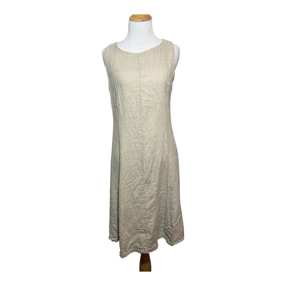 Cosmo Beige 100% Linen Bridal Boho Lagen A Line Women's Midi Dress Size Small